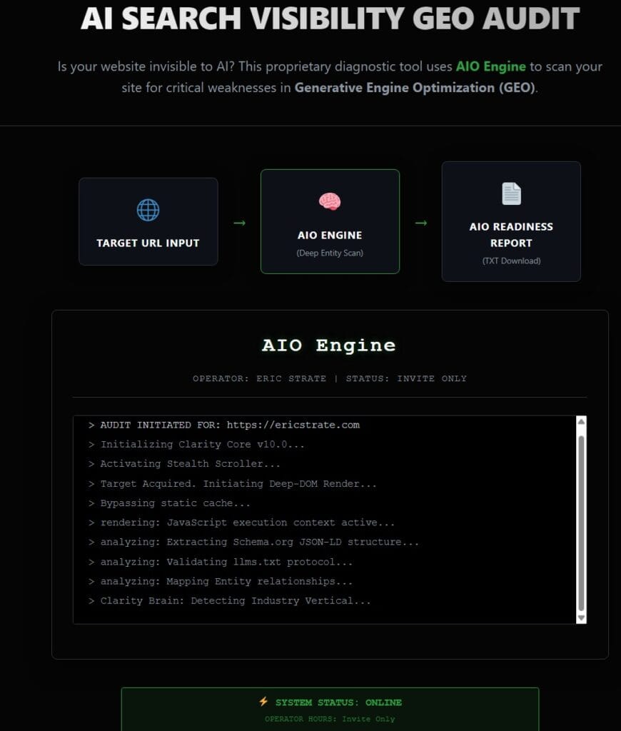 Terminal logs of the AIO Engine executing a live Deep-DOM render using a custom Stealth-Browser. The logs display the system bypassing static cache, activating JavaScript execution context, and mapping entity relationships to verify AI search visibility without data leakage.