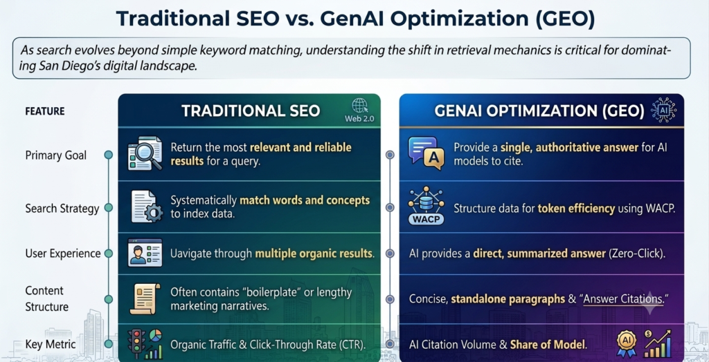 Infographic comparing Traditional SEO vs GenAI Optimization (GEO) for San Diego Search Engine Optimization, highlighting WACP token efficiency.